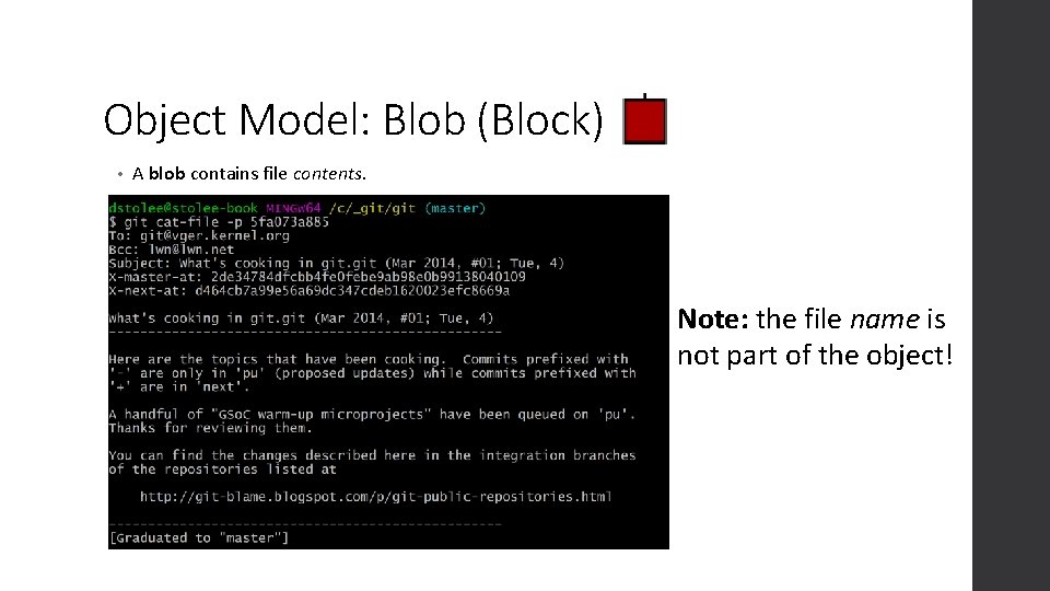 Object Model: Blob (Block) • A blob contains file contents. Note: the file name
