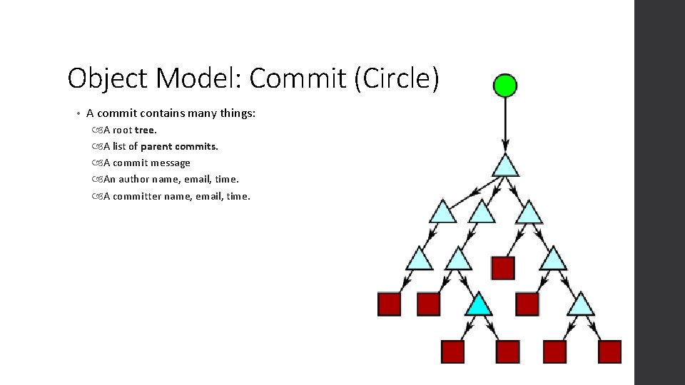 Object Model: Commit (Circle) • A commit contains many things: A root tree. A