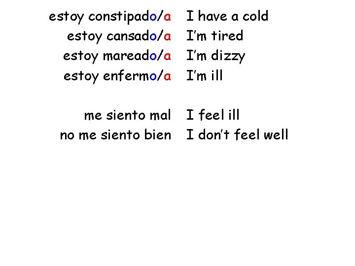 estoy constipado/a estoy cansado/a estoy mareado/a estoy enfermo/a me siento mal no me siento