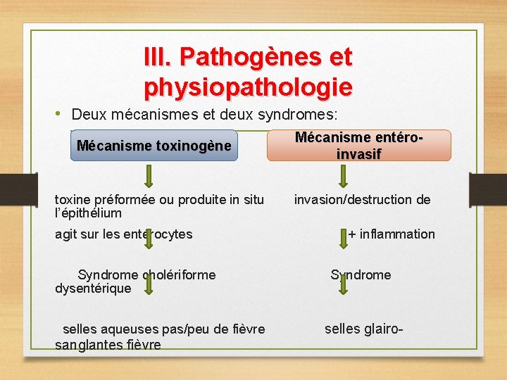 III. Pathogènes et physiopathologie • Deux mécanismes et deux syndromes: Mécanisme toxinogène toxine préformée