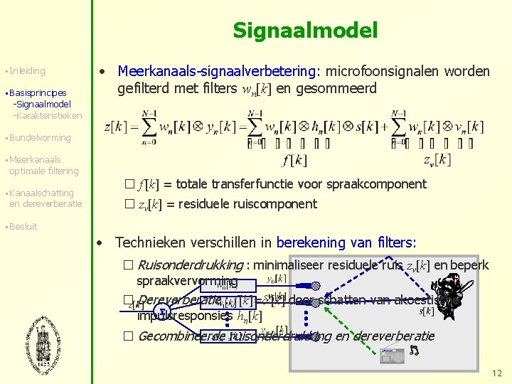 Signaalmodel § Inleiding § Basisprincipes -Signaalmodel -Karakteristieken • Meerkanaals-signaalverbetering: microfoonsignalen worden gefilterd met filters