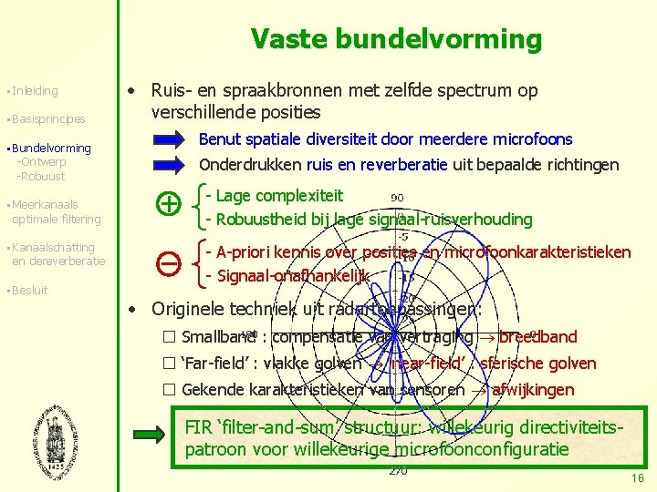 Vaste bundelvorming § Inleiding § Basisprincipes § Bundelvorming -Ontwerp -Robuust § Meerkanaals optimale filtering