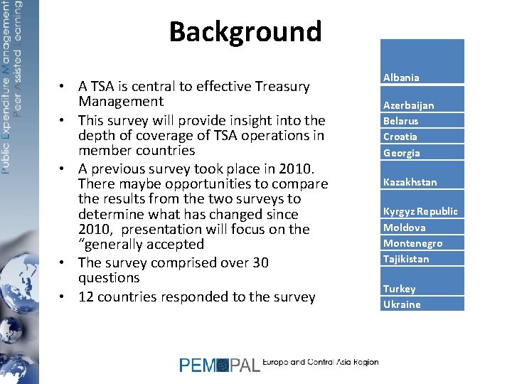 Background • A TSA is central to effective Treasury Management • This survey will