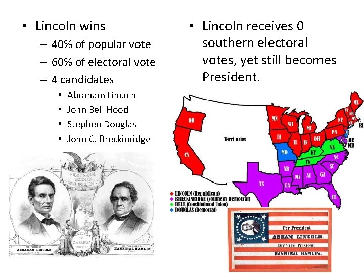  • Lincoln wins – 40% of popular vote – 60% of electoral vote