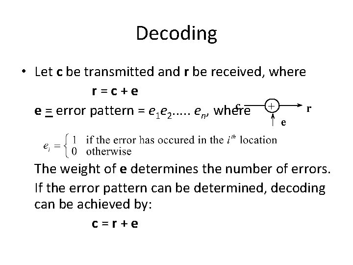 Decoding • Let c be transmitted and r be received, where r=c+e c +