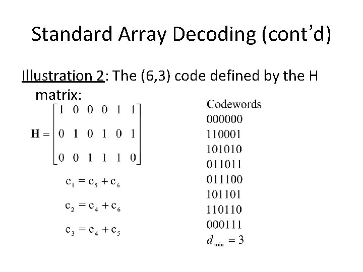 Standard Array Decoding (cont’d) Illustration 2: The (6, 3) code defined by the H