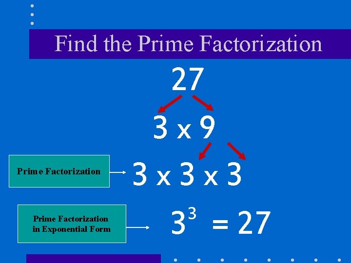 Find the Prime Factorization in Exponential Form 27 3 x 9 3 x 3 Find the Prime Factorization in Exponential Form 27 3 x 9 3 x 3