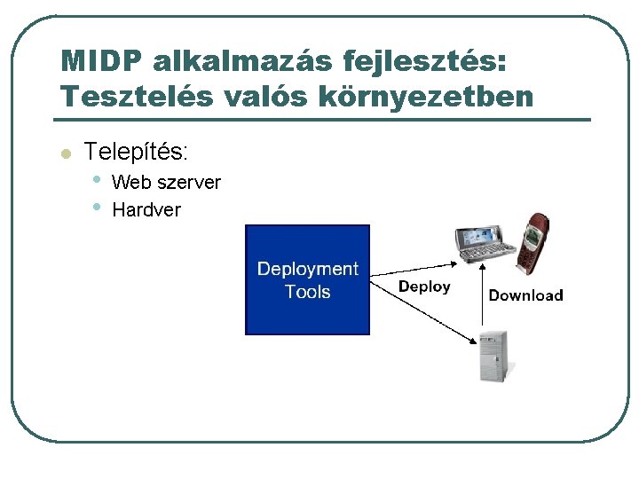 MIDP alkalmazás fejlesztés: Tesztelés valós környezetben l Telepítés: • • Web szerver Hardver MIDP alkalmazás fejlesztés: Tesztelés valós környezetben l Telepítés: • • Web szerver Hardver
