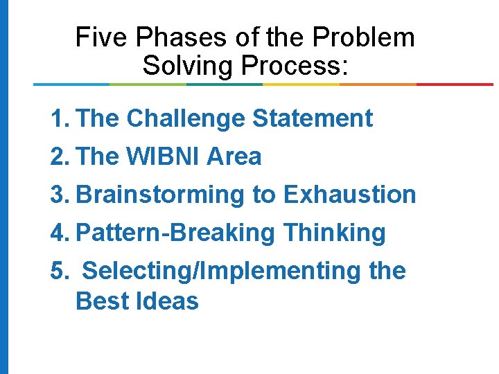 Five Phases of the Problem Solving Process: 1. The Challenge Statement 2. The WIBNI
