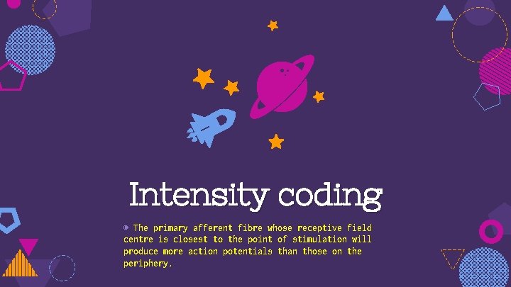 Intensity coding ◍ The primary afferent fibre whose receptive field centre is closest to