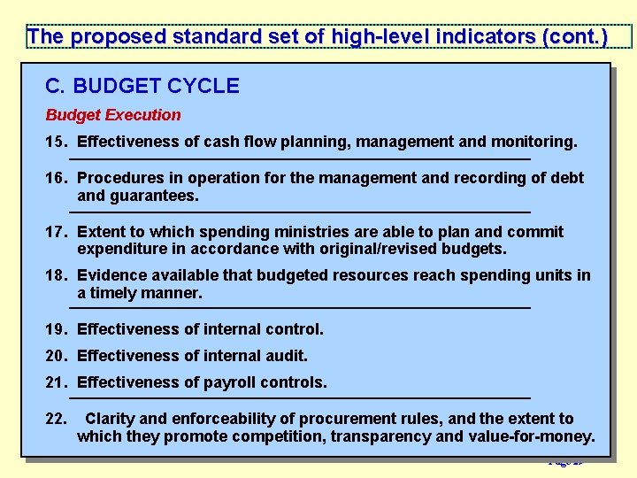 The proposed standard set of high-level indicators (cont. ) C. BUDGET CYCLE Budget Execution