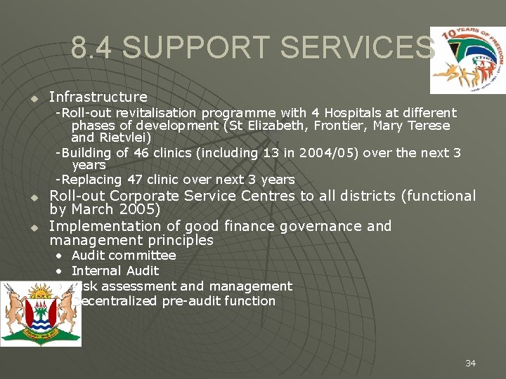 8. 4 SUPPORT SERVICES u Infrastructure -Roll-out revitalisation programme with 4 Hospitals at different