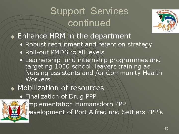 Support Services continued u Enhance HRM in the department • • • u Robust