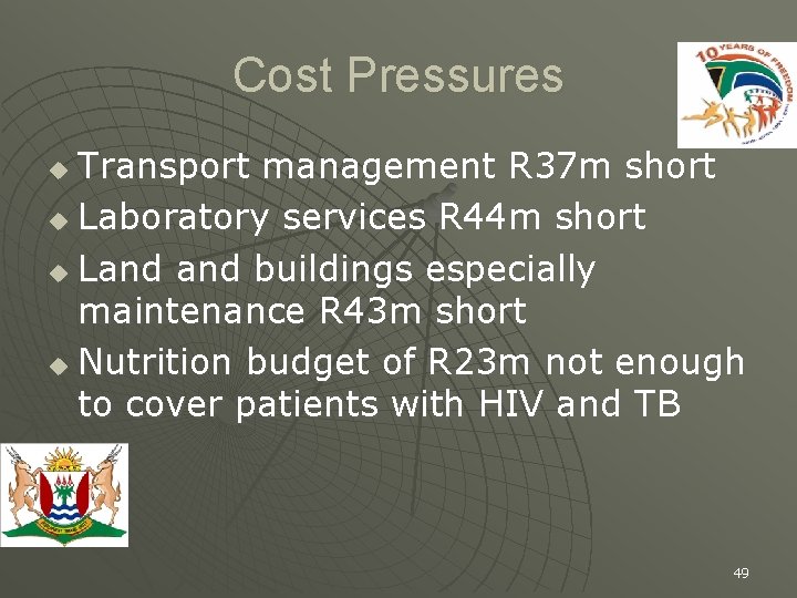 Cost Pressures Transport management R 37 m short u Laboratory services R 44 m