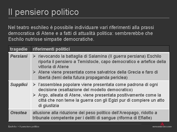 Il pensiero politico Nel teatro eschileo è possibile individuare vari riferimenti alla prassi democratica