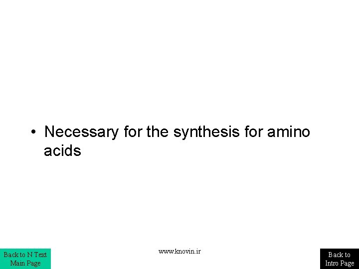 • Necessary for the synthesis for amino acids Back to N Text Main • Necessary for the synthesis for amino acids Back to N Text Main
