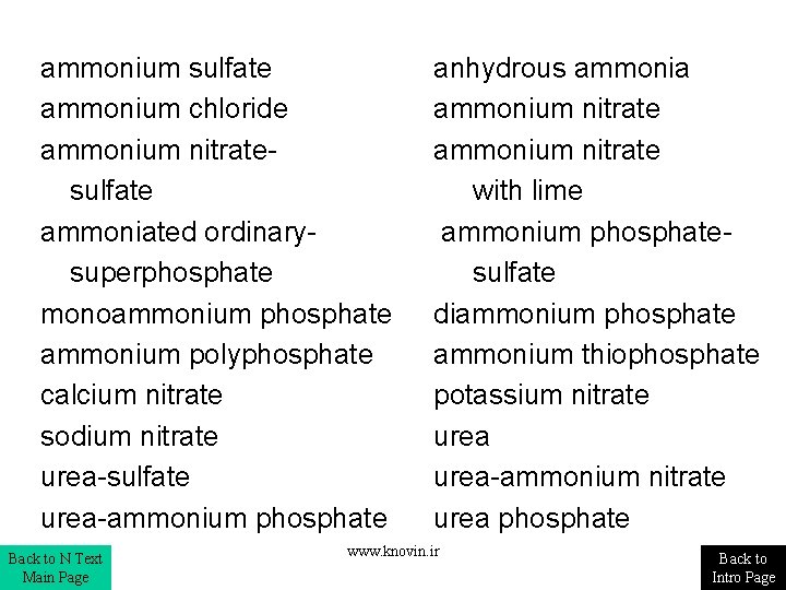 ammonium sulfate ammonium chloride ammonium nitratesulfate ammoniated ordinarysuperphosphate monoammonium phosphate ammonium polyphosphate calcium nitrate