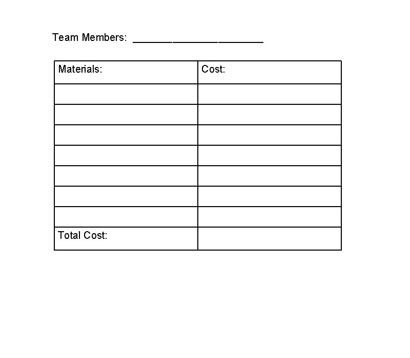 Team Members: ____________ Materials: Total Cost: 