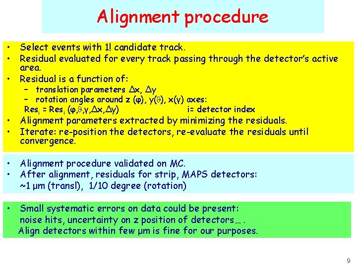 Alignment procedure • Select events with 1! candidate track. • Residual evaluated for every