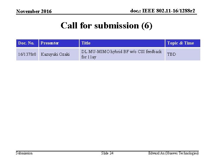 doc. : IEEE 802. 11 -16/1288 r 2 November 2016 Call for submission (6)