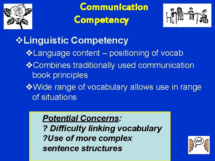Communication Competency v. Linguistic Competency v. Language content – positioning of vocab v. Combines