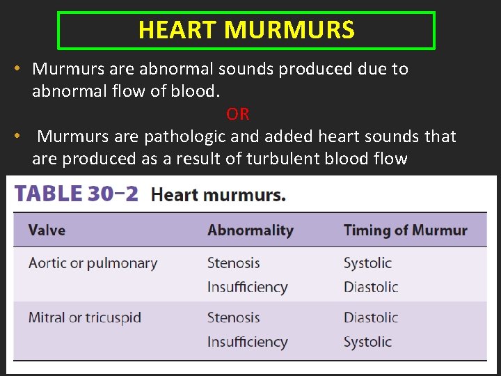 HEART MURMURS • Murmurs are abnormal sounds produced due to abnormal flow of blood.
