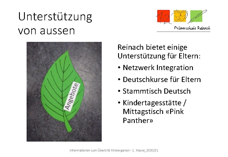 Unterstützung von aussen Reinach bietet einige Unterstützung für Eltern: • Netzwerk Integration • Deutschkurse