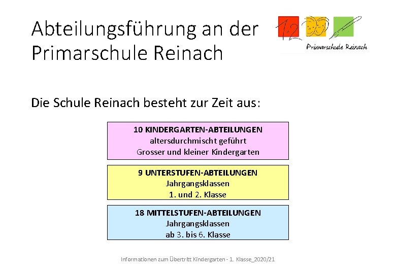 Abteilungsführung an der Primarschule Reinach Die Schule Reinach besteht zur Zeit aus: 10 KINDERGARTEN-ABTEILUNGEN