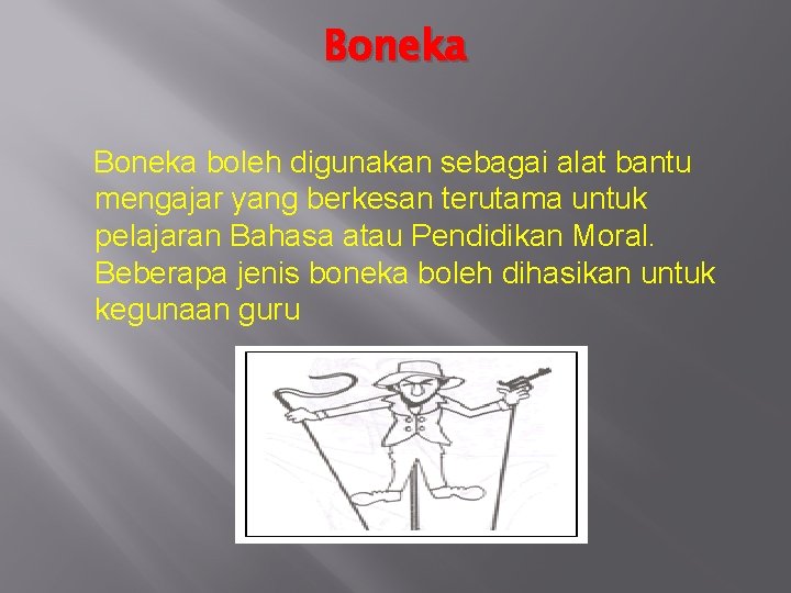 Boneka boleh digunakan sebagai alat bantu mengajar yang berkesan terutama untuk pelajaran Bahasa atau