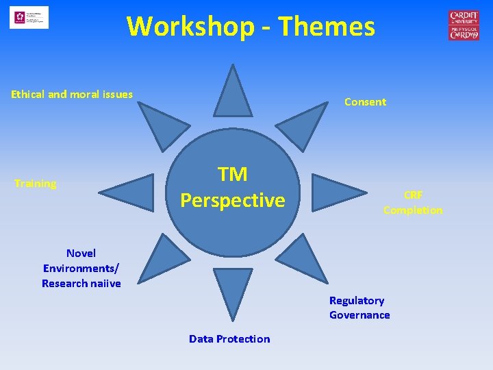 Workshop - Themes Ethical and moral issues Training Consent TM Perspective CRF Completion Novel