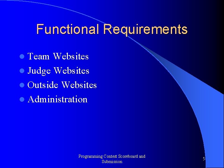 Functional Requirements l Team Websites l Judge Websites l Outside Websites l Administration Programming