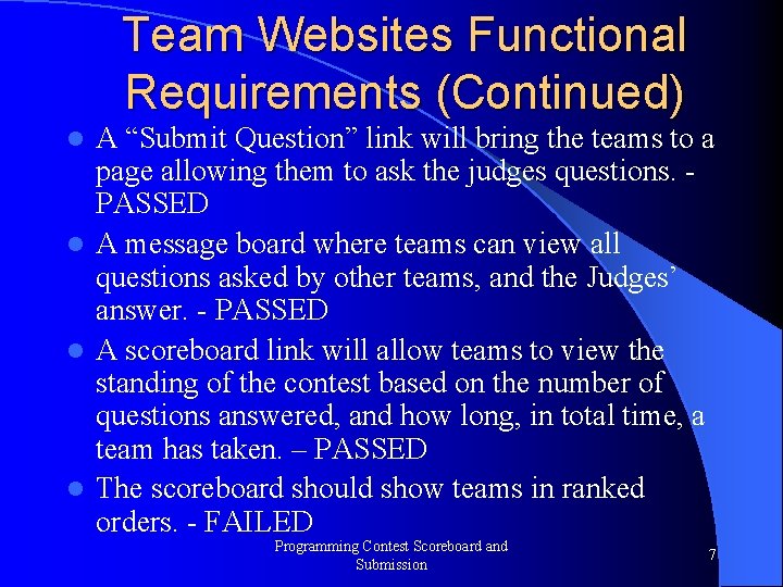 Team Websites Functional Requirements (Continued) A “Submit Question” link will bring the teams to