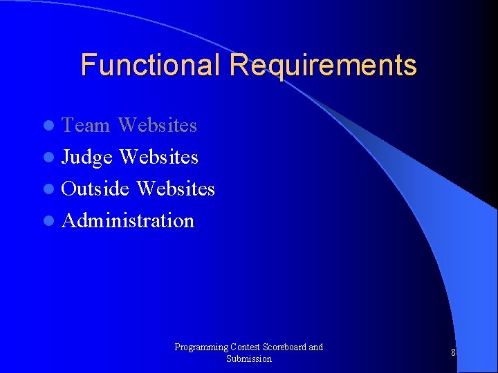 Functional Requirements l Team Websites l Judge Websites l Outside Websites l Administration Programming