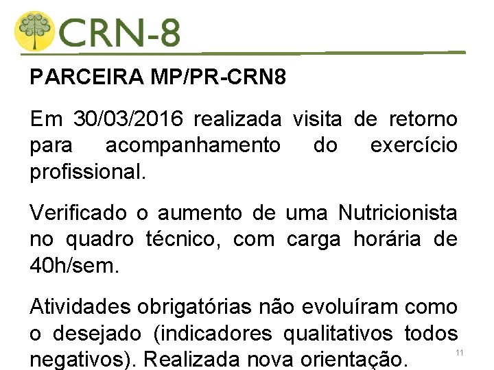 PARCEIRA MP/PR-CRN 8 Em 30/03/2016 realizada visita de retorno para acompanhamento do exercício profissional.