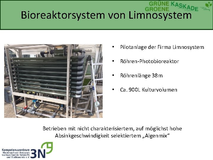 Bioreaktorsystem von Limnosystem • Pilotanlage der Firma Limnosystem • Röhren-Photobioreaktor • Röhrenlänge 38 m