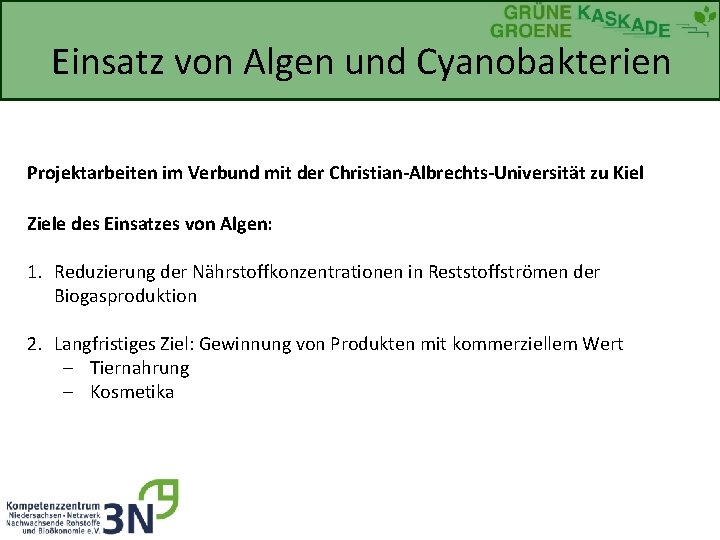 Einsatz von Algen und Cyanobakterien Projektarbeiten im Verbund mit der Christian-Albrechts-Universität zu Kiel Ziele