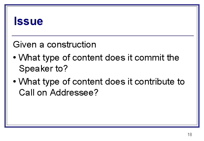 Issue Given a construction • What type of content does it commit the Speaker