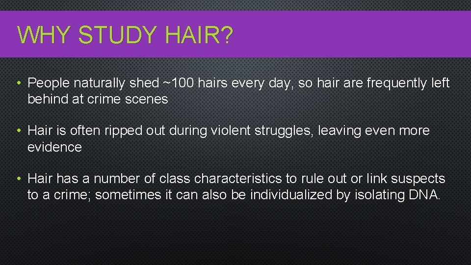 WHY STUDY HAIR? • People naturally shed ~100 hairs every day, so hair are