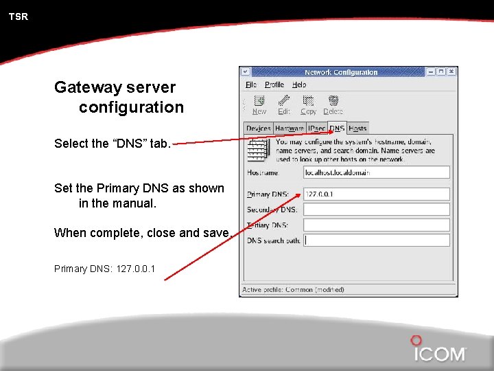 TSR Gateway server configuration Select the “DNS” tab. Set the Primary DNS as shown