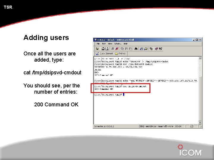 TSR Adding users Once all the users are added, type: cat /tmp/dsipsvd-cmdout You should