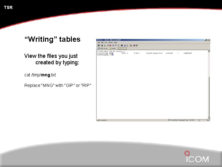 TSR “Writing” tables View the files you just created by typing: cat /tmp/mng. txt