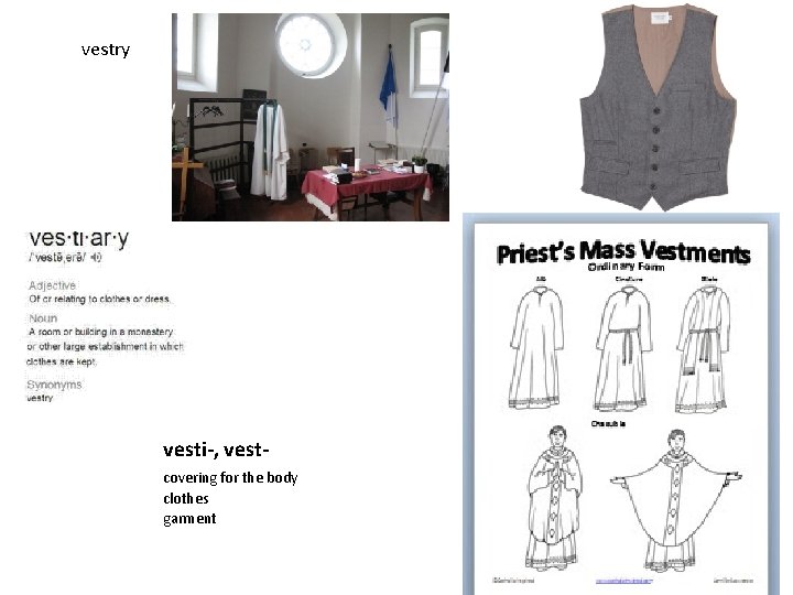 vestry vesti-, vestcovering for the body clothes garment 