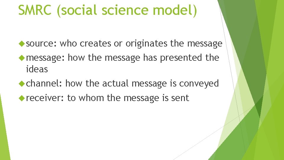 SMRC (social science model) source: who creates or originates the message: how the message