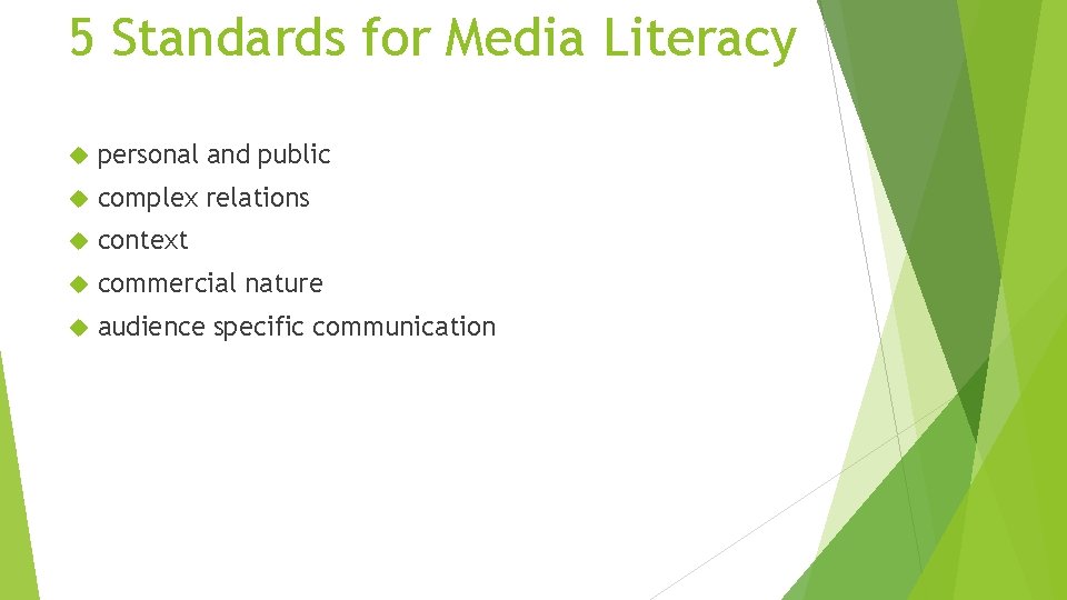 5 Standards for Media Literacy personal and public complex relations context commercial nature audience