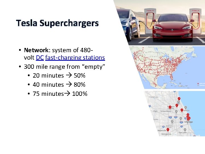 Tesla Superchargers • Network: system of 480 volt DC fast-charging stations • 300 mile