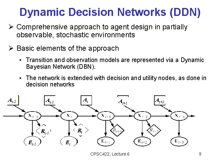 Dynamic Decision Networks (DDN) Comprehensive approach to agent design in partially observable, stochastic environments