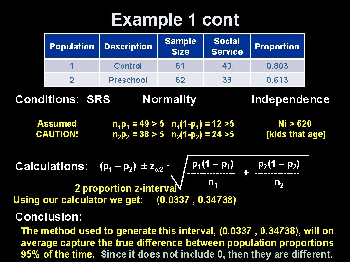 Example 1 cont Population Description Sample Size Social Service Proportion 1 Control 61 49