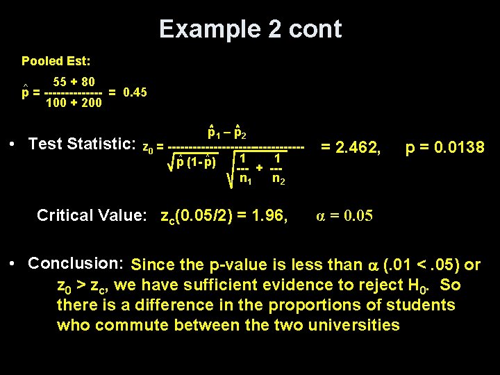 Example 2 cont Pooled Est: 55 + 80 p = ------- = 0. 45
