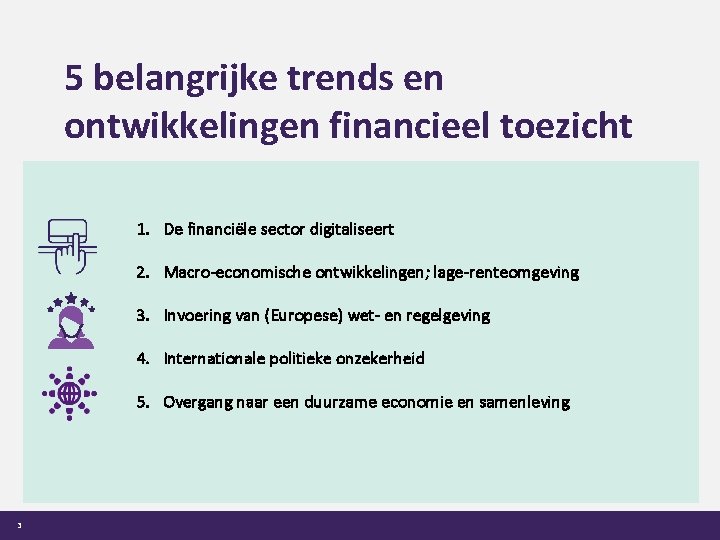 5 belangrijke trends en ontwikkelingen financieel toezicht 1. De financiële sector digitaliseert 2. Macro-economische