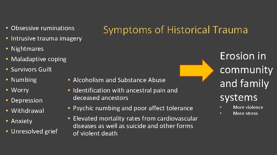  • • • Symptoms of Historical Trauma Obsessive ruminations Intrusive trauma imagery Nightmares